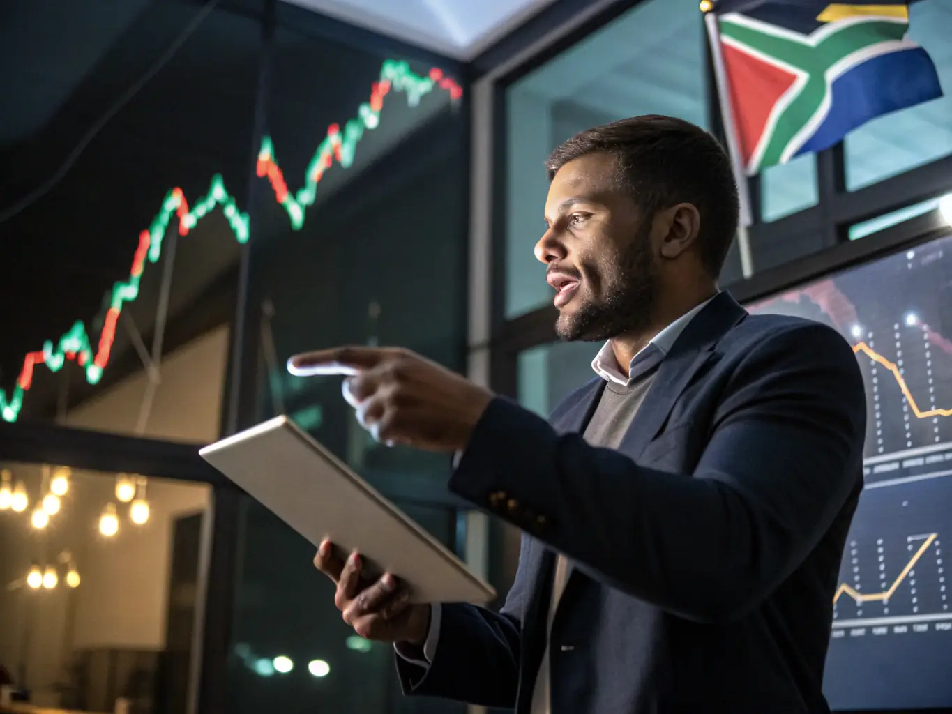 A professional South African financial advisor is reviewing investment portfolios in a modern office setting, with Johannesburg skyline visible through the window, symbolizing strategic financial planning.